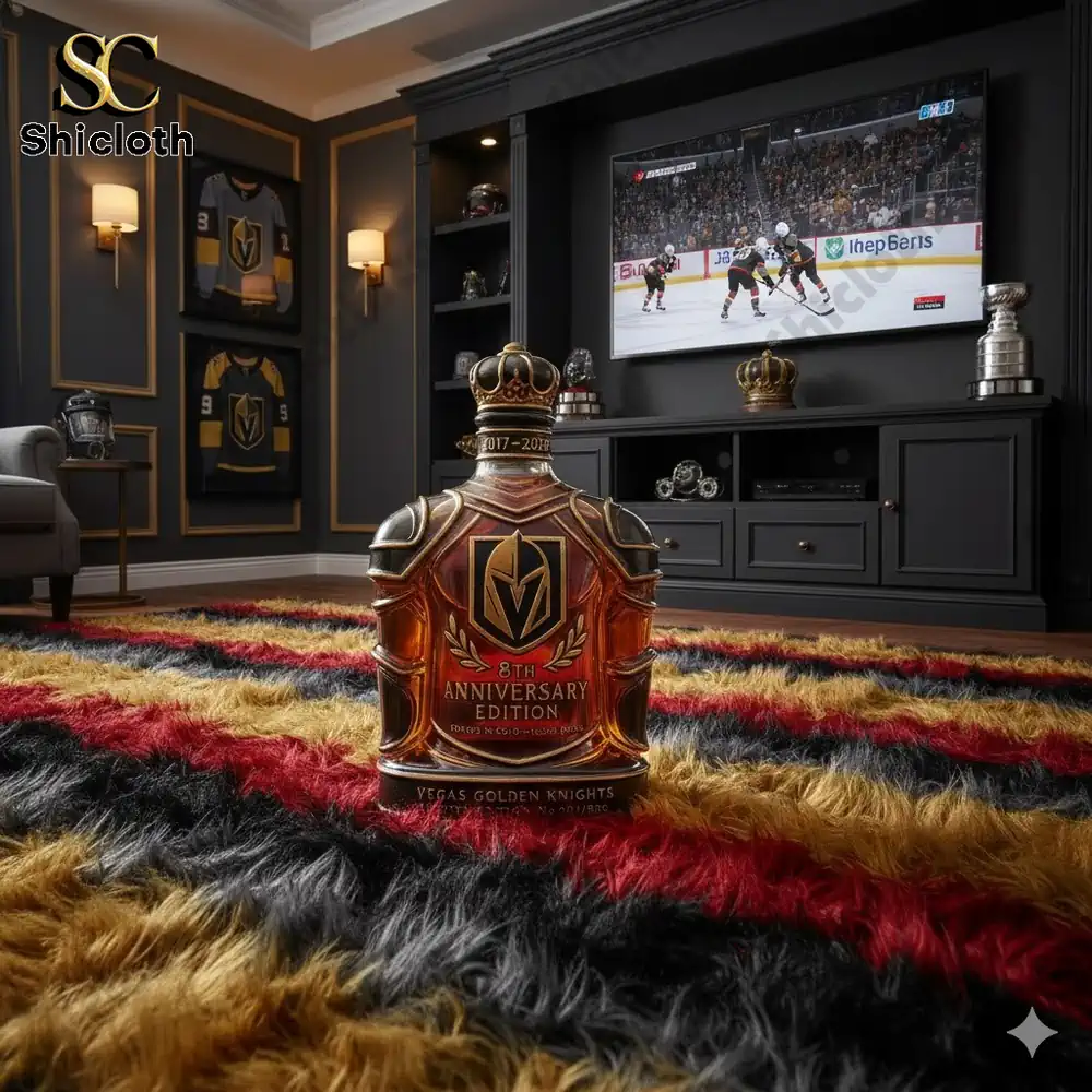 A decorative Vegas Golden Knights eighth anniversary edition bottle displayed on a colorful rug in a hockey themed room with a game on the television.