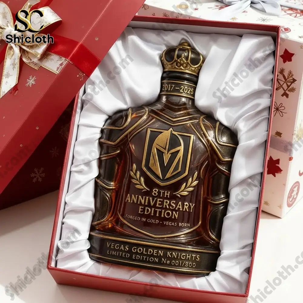 A Vegas Golden Knights eighth anniversary edition bottle presented in a gift box lined with white fabric.