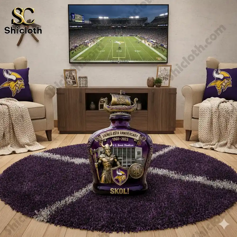 Minnesota Vikings purple anniversary whiskey bottle in modern fan living room!