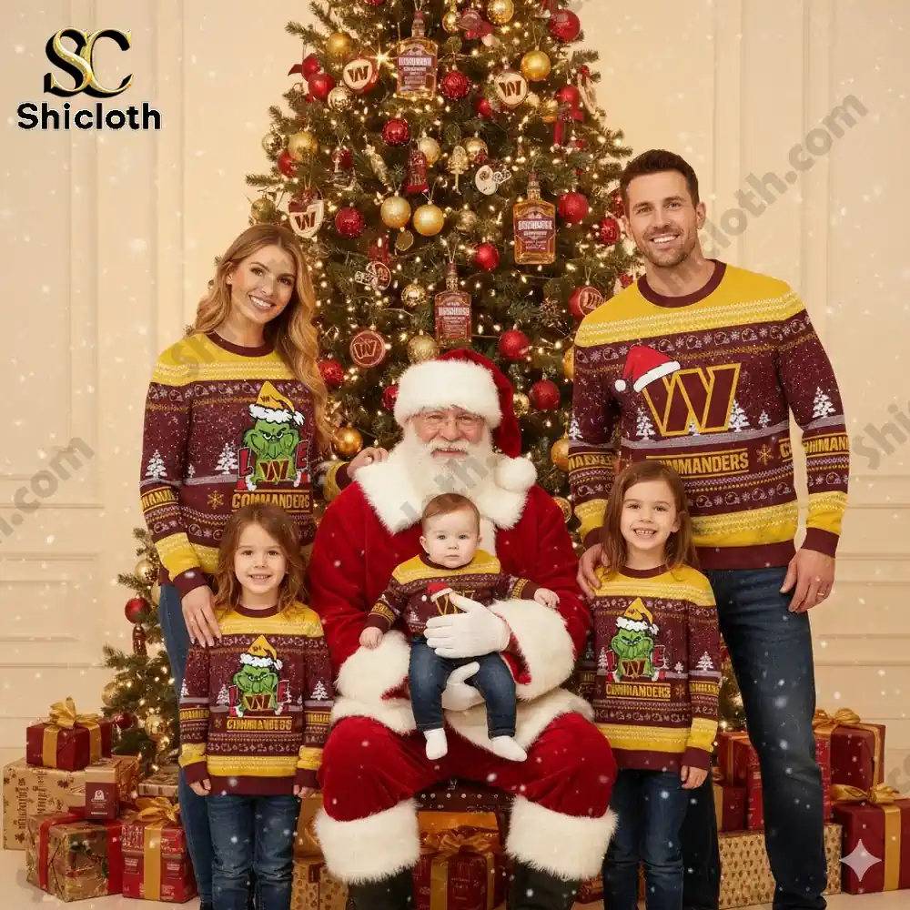 Washington Commanders The Grinch wearing a Santa Claus hat Ugly Christmas Sweaters
