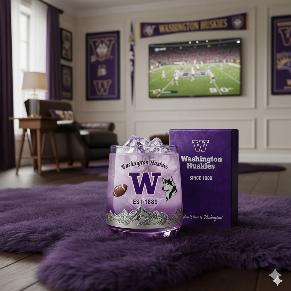 A Washington Huskies glass with ice sits on a purple rug in a fan themed living room.