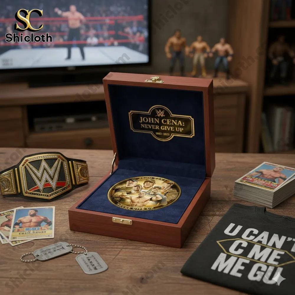 A John Cena commemorative coin set with WWE belt, cards, dog tags, and T-shirt displayed on a wooden table!