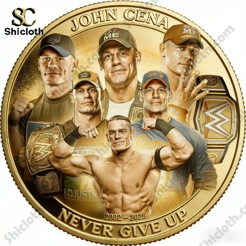 Front side of John Cena commemorative coin showing portraits from different career stages with text Never Give Up!
