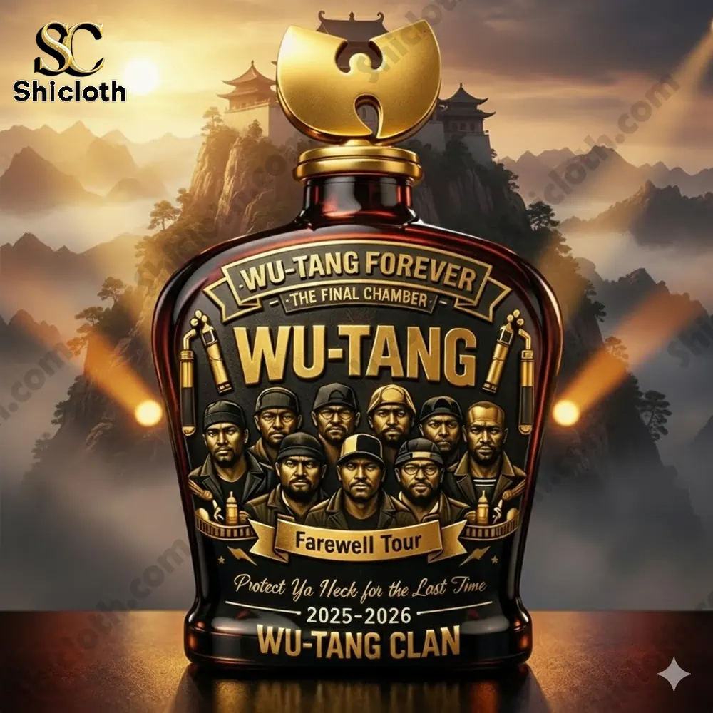 Decorative Wu Tang whiskey bottle with gold emblem and group artwork!