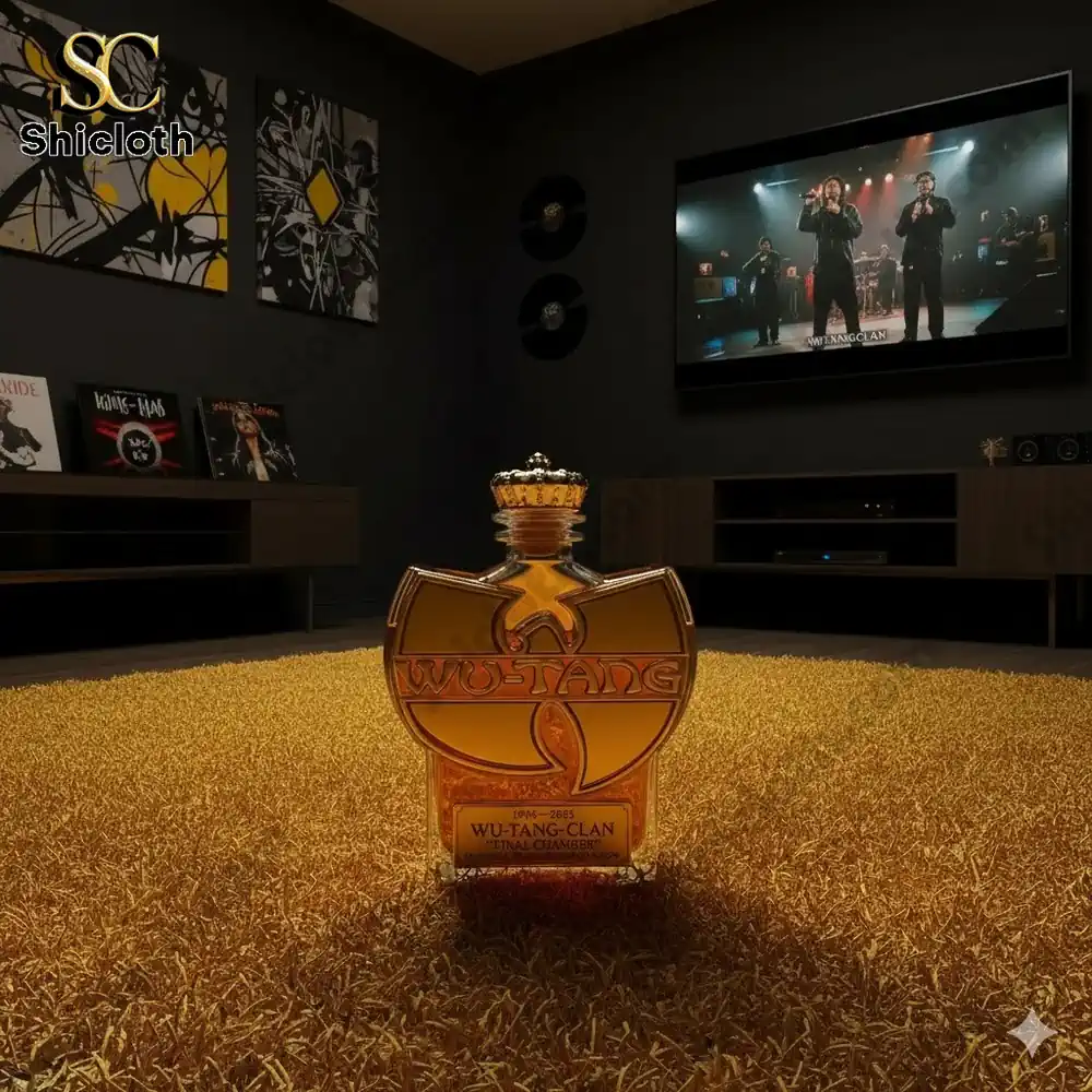 A Wu Tang Clan themed perfume bottle placed on a carpet in a modern living room with a performance playing on a television!