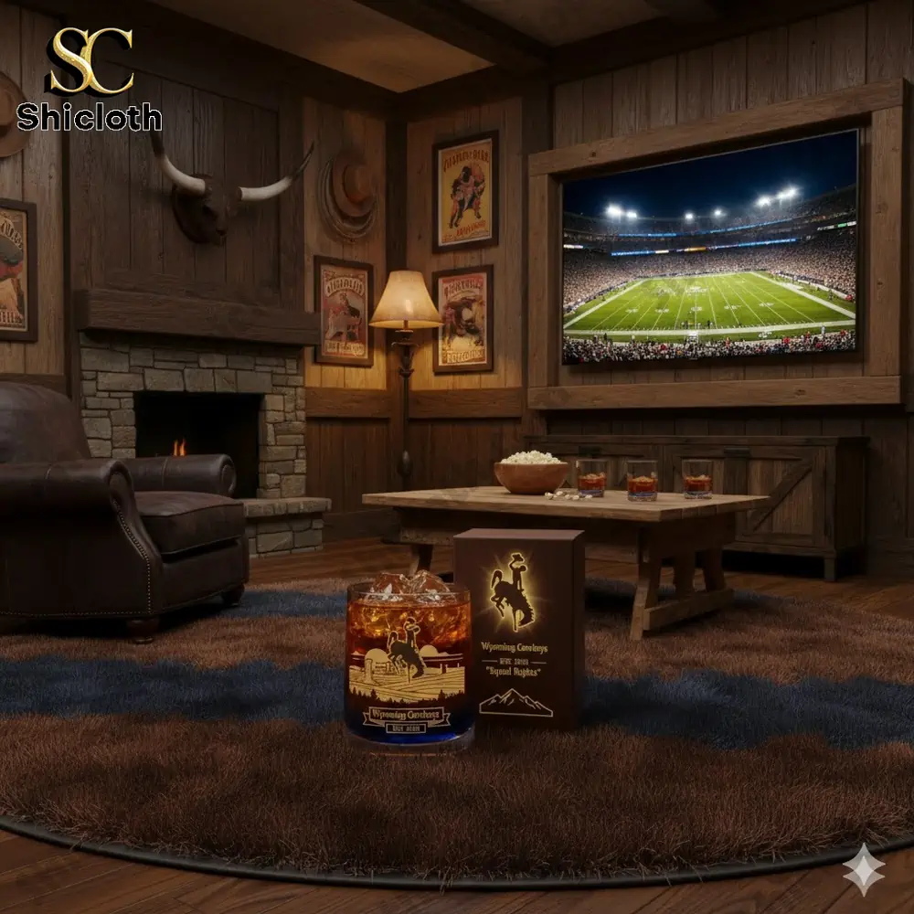 Wyoming Cowboys whiskey glass and box in western style living room with football game!