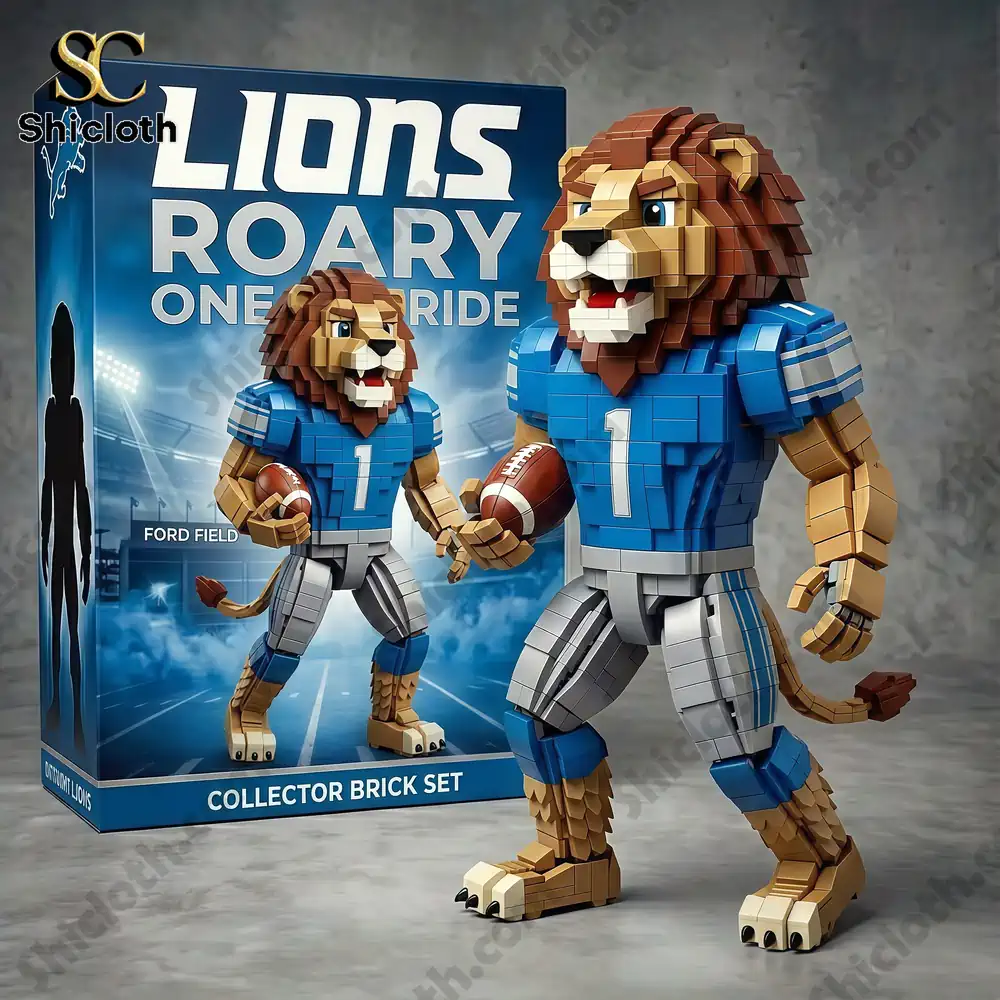 Brick lion football figure with blue jersey beside collector box!
