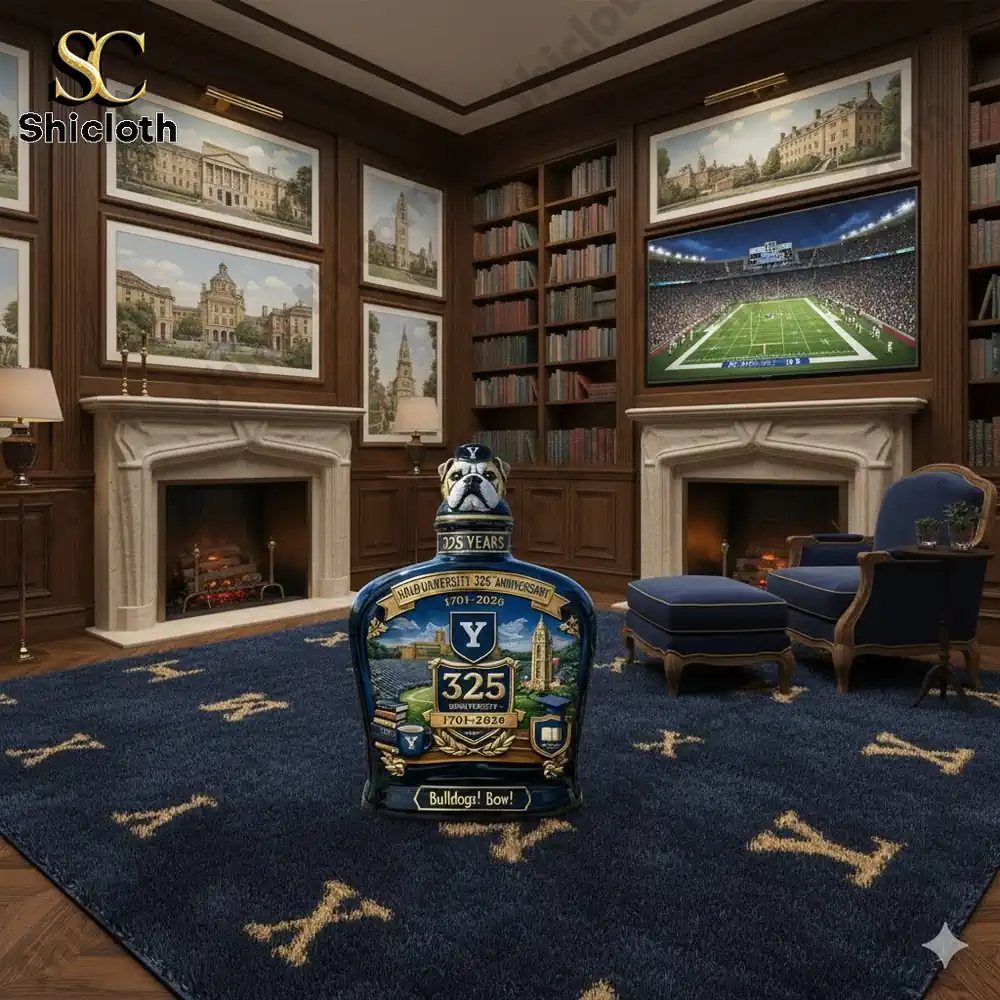 Yale anniversary bottle displayed in classic study room!
