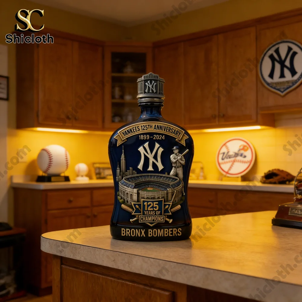 New York Yankees anniversary whiskey decanter on a kitchen counter!