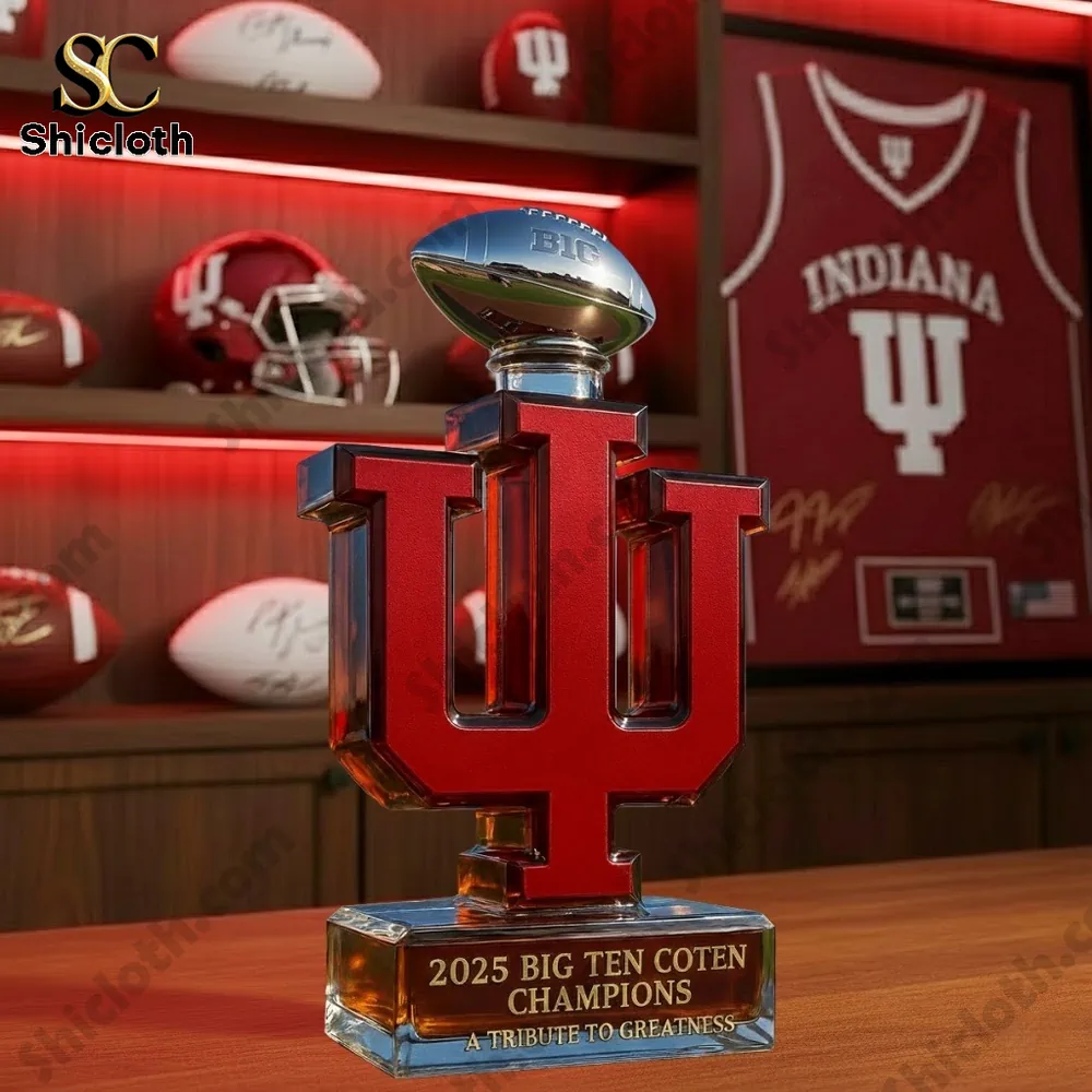 Indiana logo shaped display bottle with a football cap in a sports themed room!