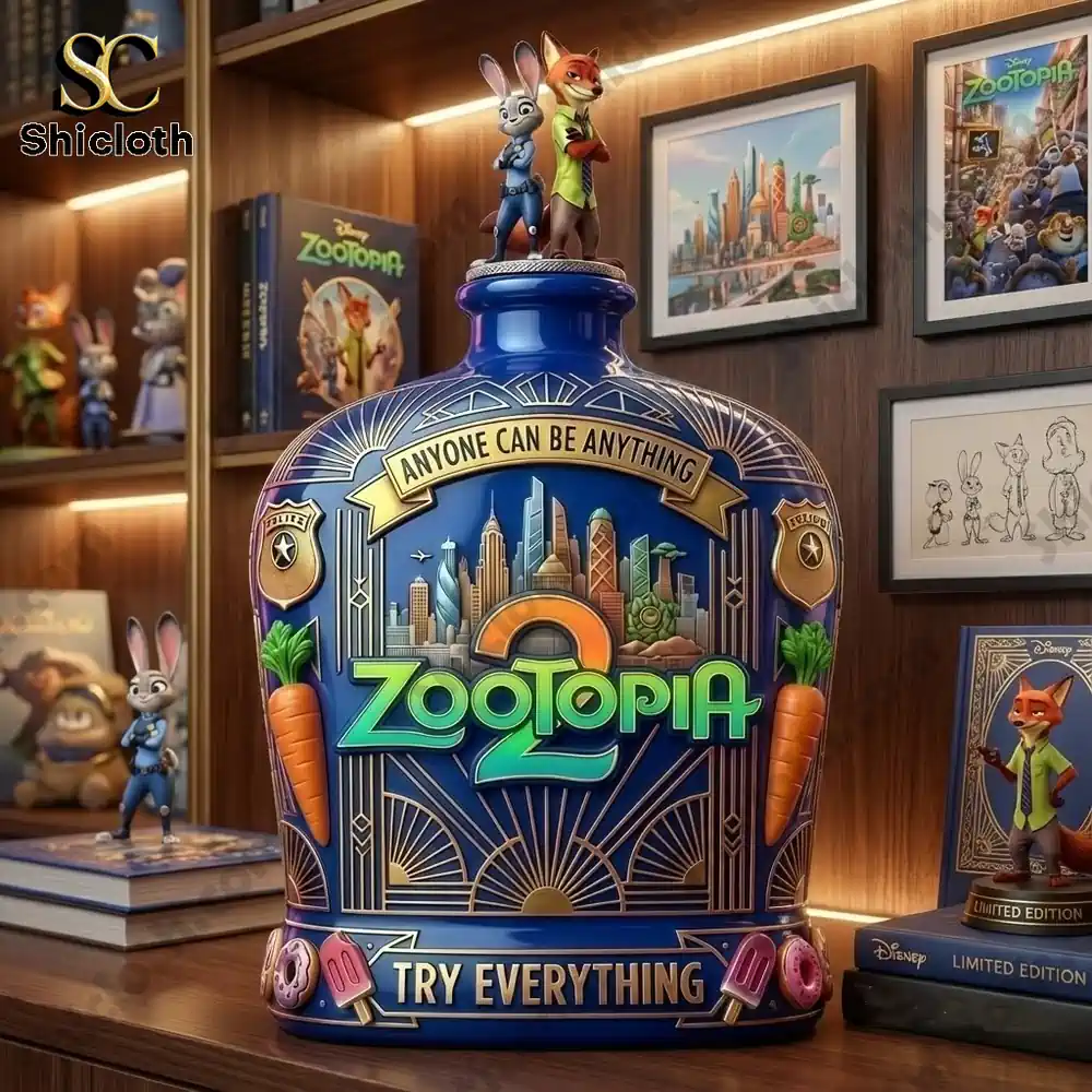 Zootopia 2 Anyone Can Be Anything Whiskey Bottle 3 Zootopia themed decorative jar displayed on wooden shelf with movie art!