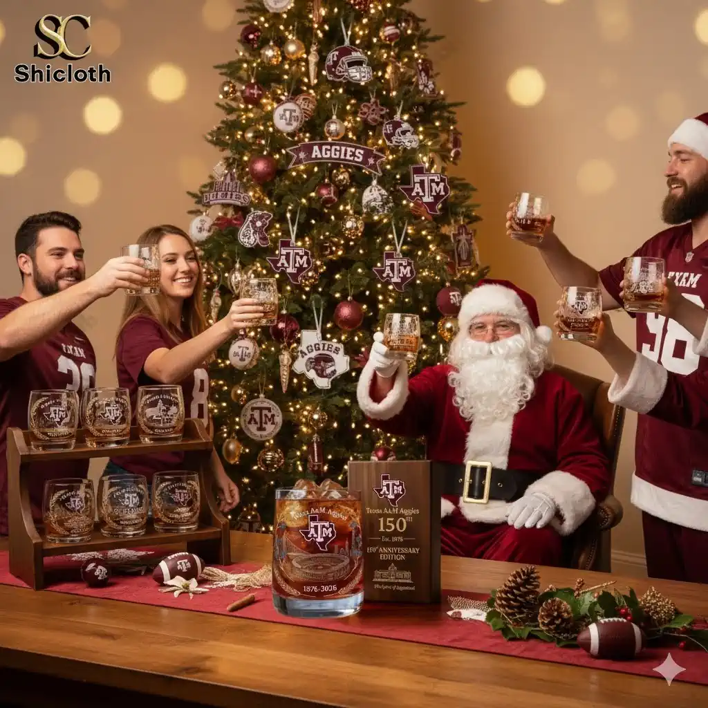 Group of people celebrating Texas A&M's 150th anniversary with commemorative glasses and a Christmas tree in the background.