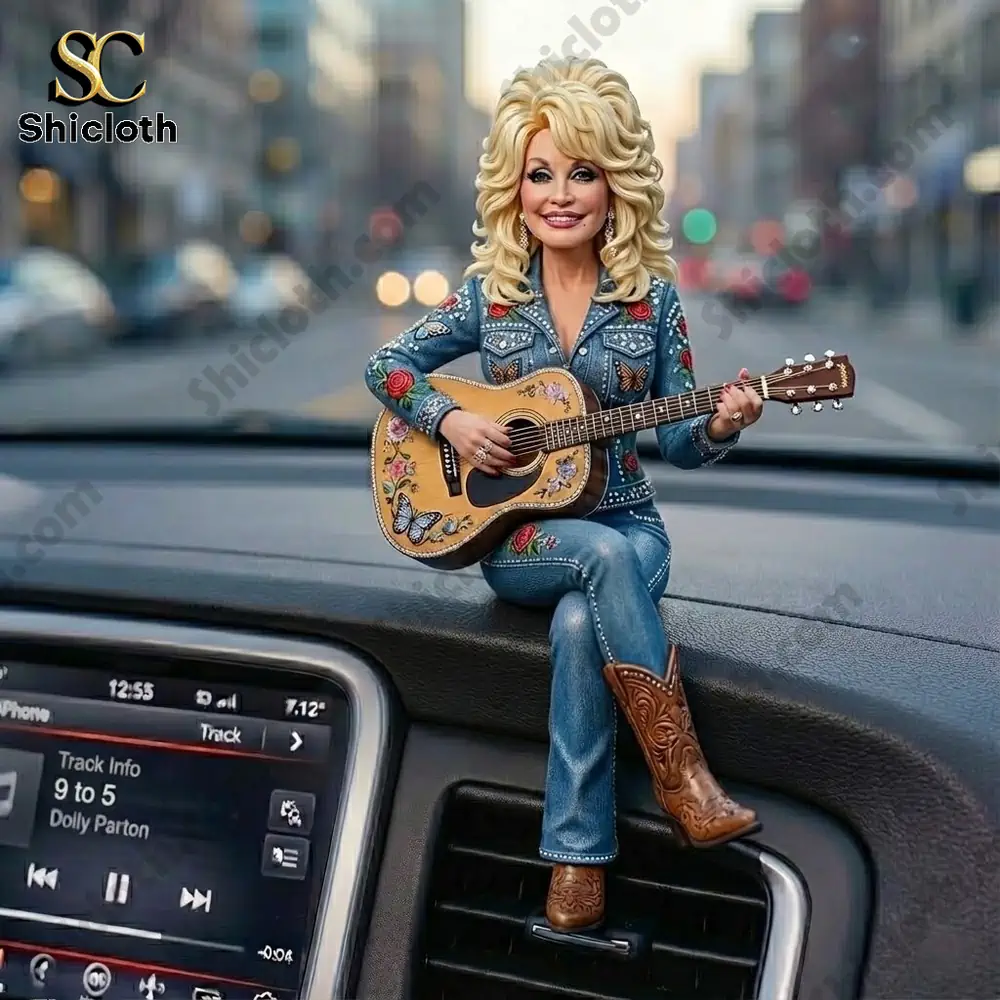 Mini country guitar doll sitting on car dashboard!