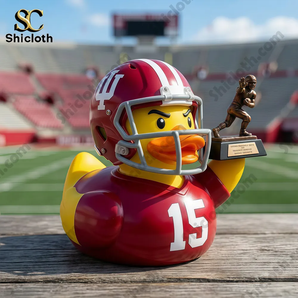 Rubber duck football player holding a trophy on a stadium field!