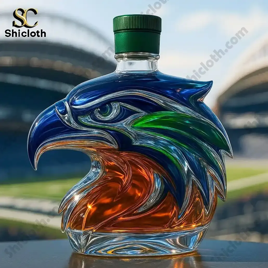 An eagle shaped liquor bottle with a green cap displayed in a stadium setting.