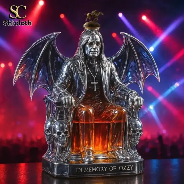 A gothic Ozzy themed bottle sculpture with wings and a small gold figure atop the cap.