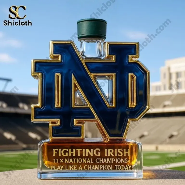 Notre Dame Fighting Irish Limited Edition Christmas Whiskey Bottle 3 A Notre Dame logo shaped bottle with a green cap displayed outdoors near a stadium!