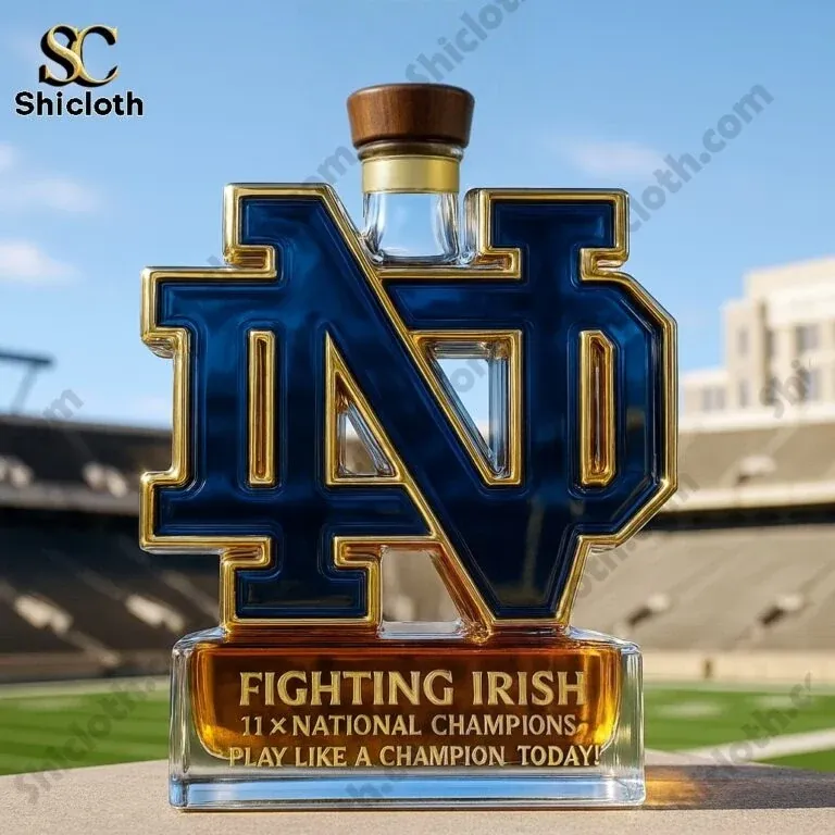 Notre Dame Fighting Irish Limited Edition Christmas Whiskey Bottle 4 A Notre Dame logo shaped bottle with a wooden cap in a stadium backdrop!