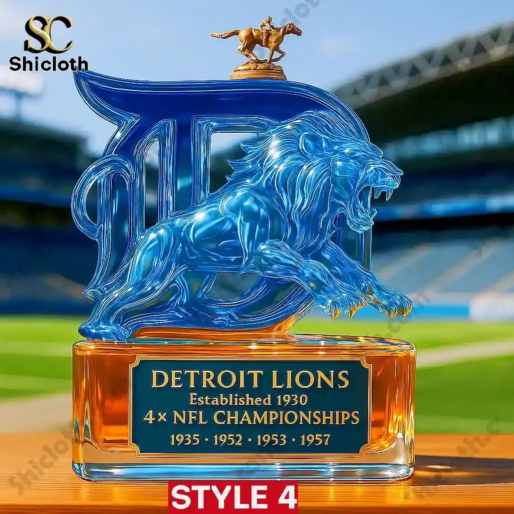 Detroit Lions bottle Style Four topped with a small gold horse sculpture.