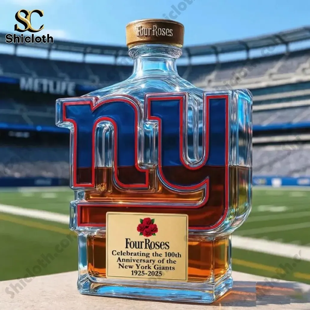 Four Roses bottle shaped like the New York Giants logo on a football field