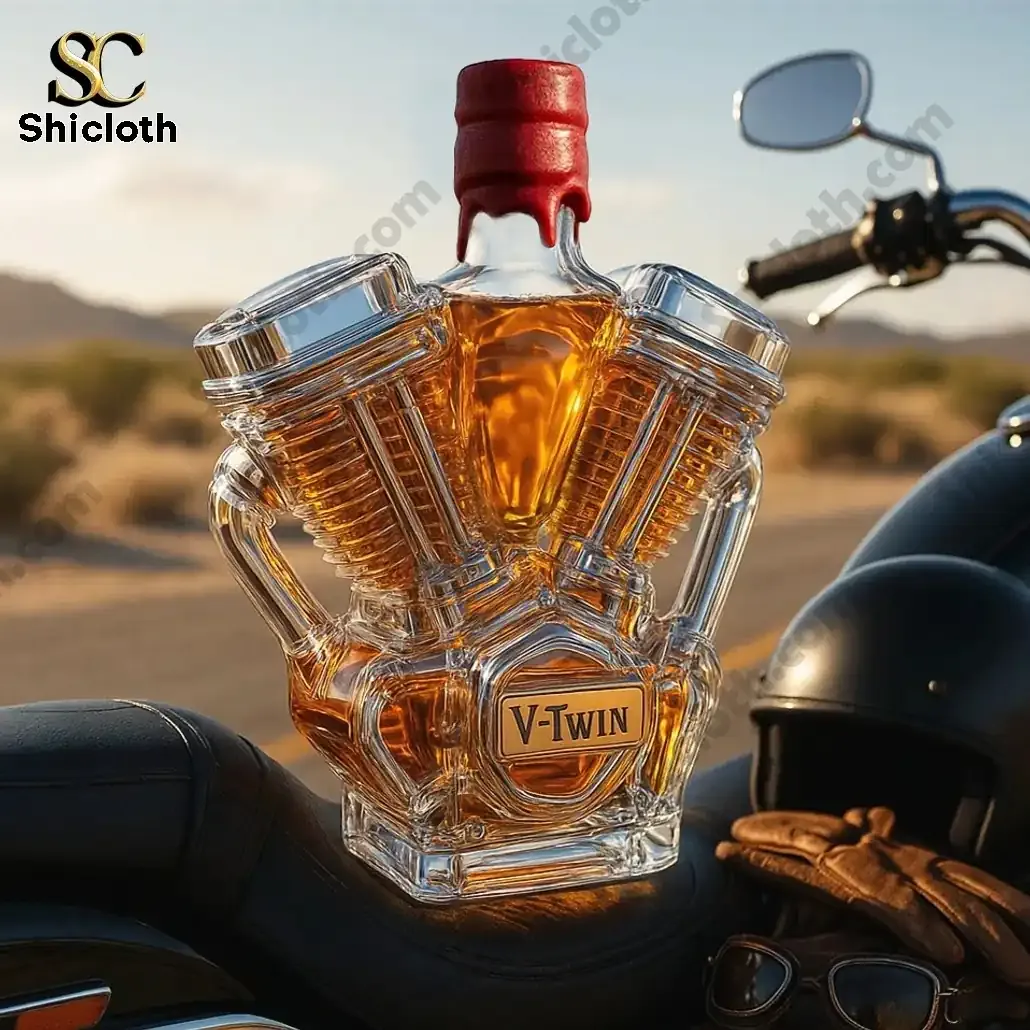 V Twin engine shaped whiskey bottle with red wax seal cap on motorcycle seat!