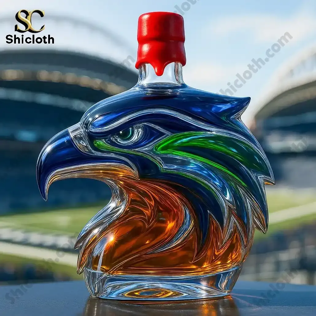 Seattle Seahawks NFL Whisky Bottle 3 An eagle shaped liquor bottle with a red cap in front of a stadium.