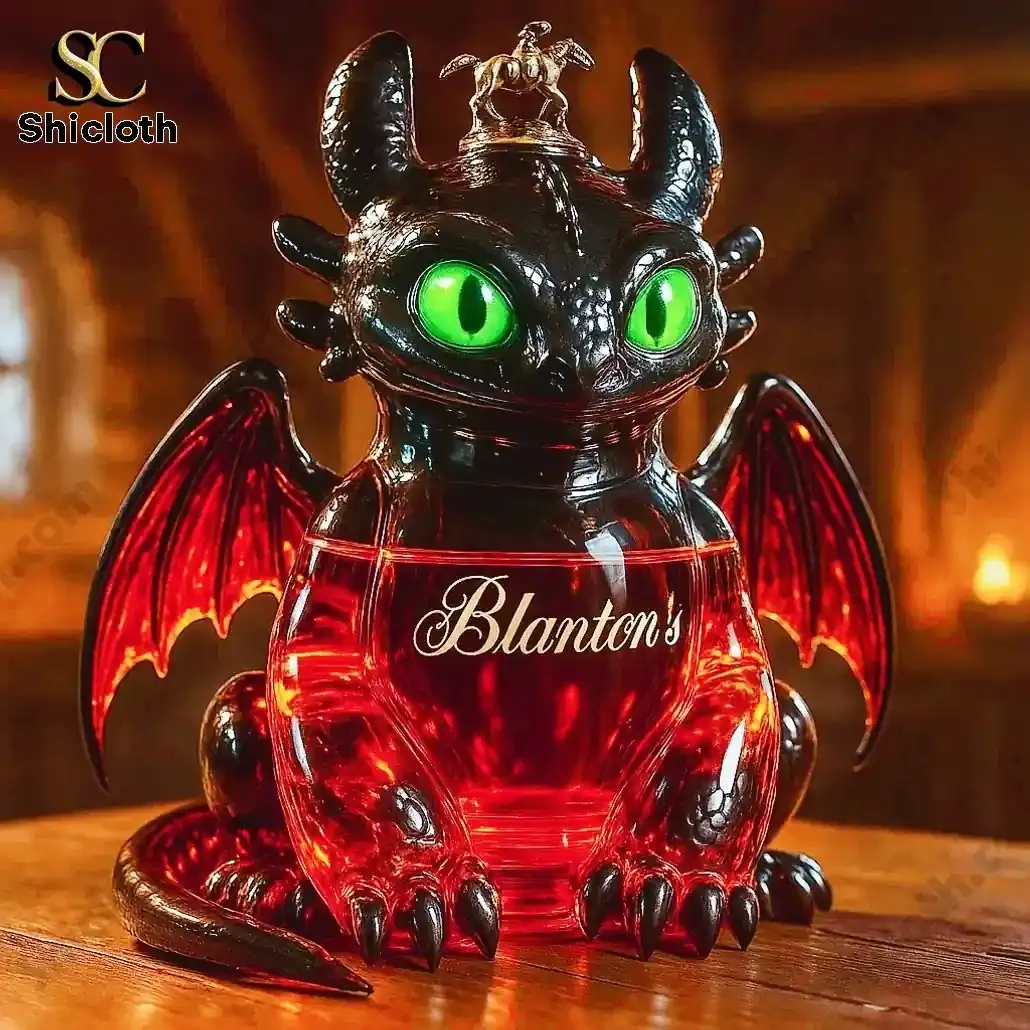 Dragon bottle with green eyes and horse topper labeled Blantons!
