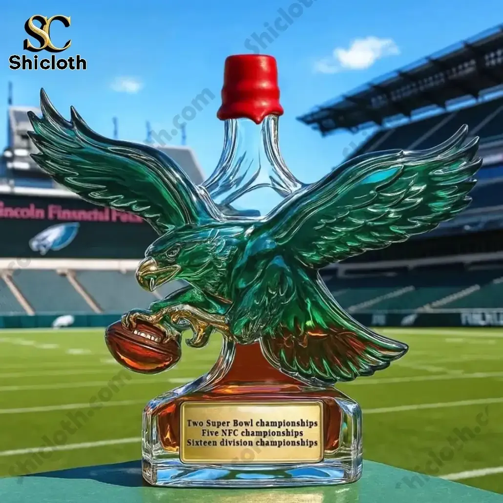 Philadelphia Eagles Retro Logo Christmas Whiskey Bottle 3 Eagle shaped whiskey bottle with red top in stadium setting!