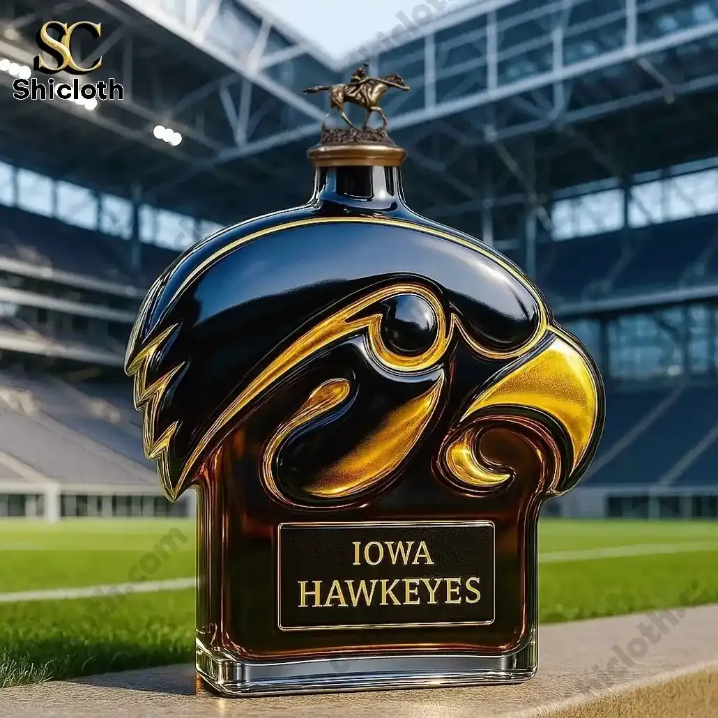 NEW Iowa Hawkeyes Christmas Whiskey Bottle 3 Iowa Hawkeyes Shicloth bottle with horse figurine cap in a stadium!