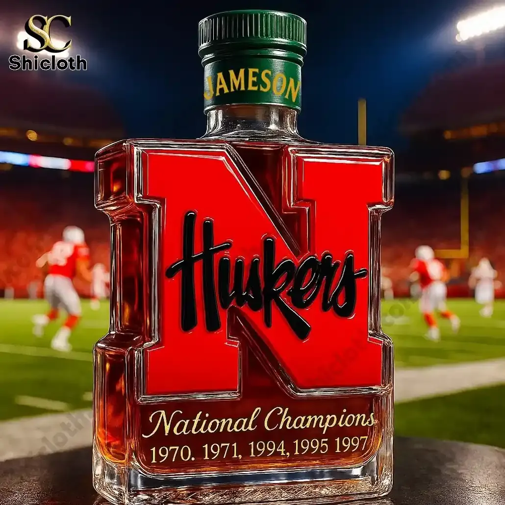 NEW Nebraska Cornhuskers 5-Time National Champions Christmas Whiskey Bottle 3 Nebraska Huskers bottle with green Jameson style cap on field!