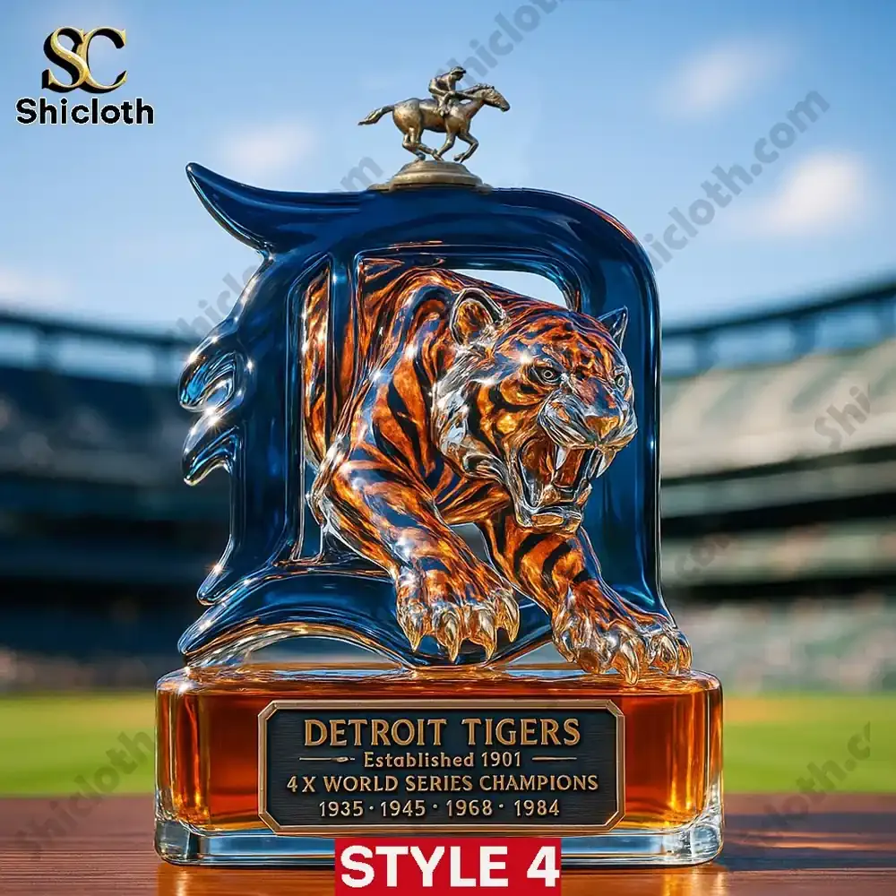 A Detroit Tigers themed Shicloth bottle with a rider statue cap and tiger figure.