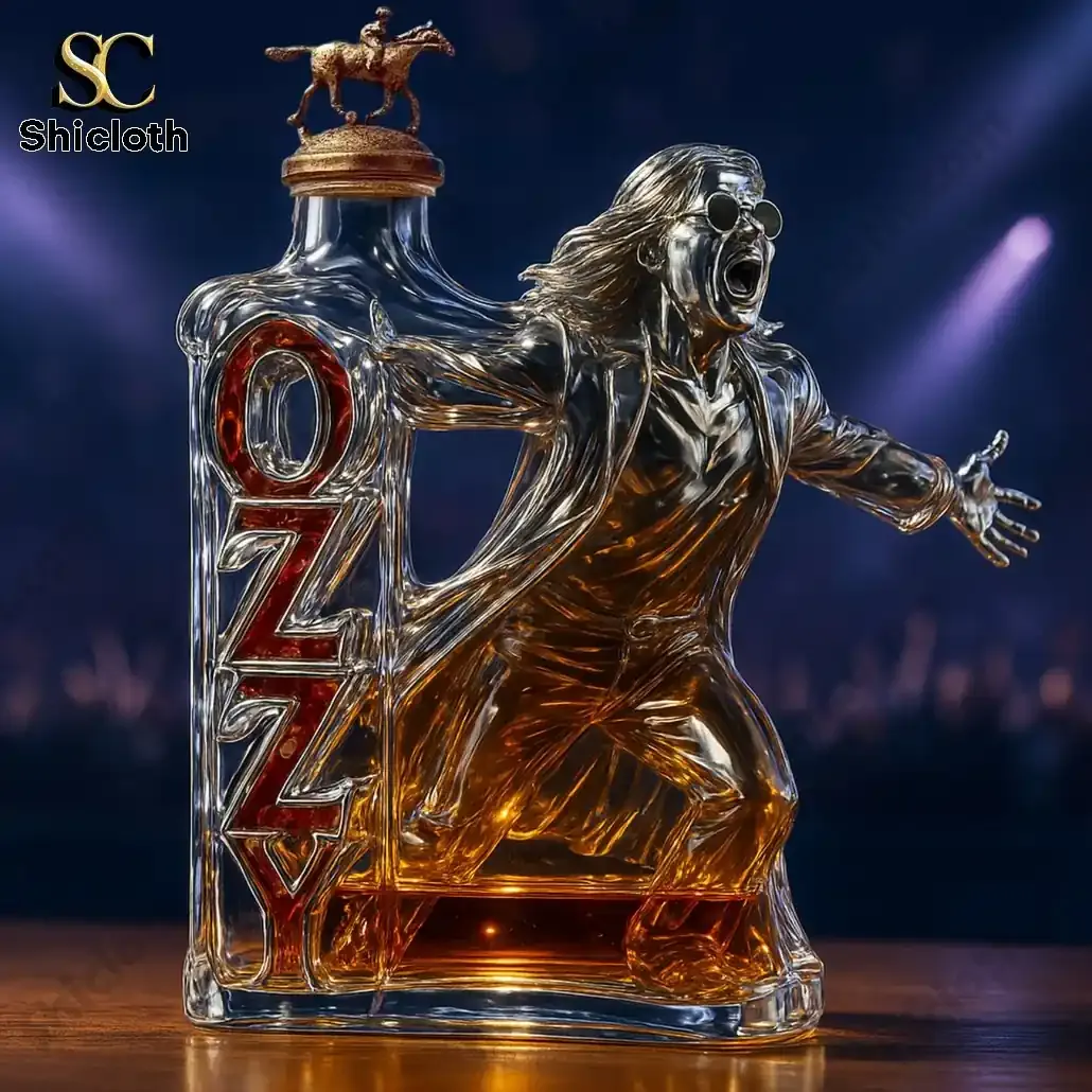 Ozzy Osbourne Final Tour Memorial Christmas Whiskey Bottle 3 Rock figure bottle topped with a horse rider cap
