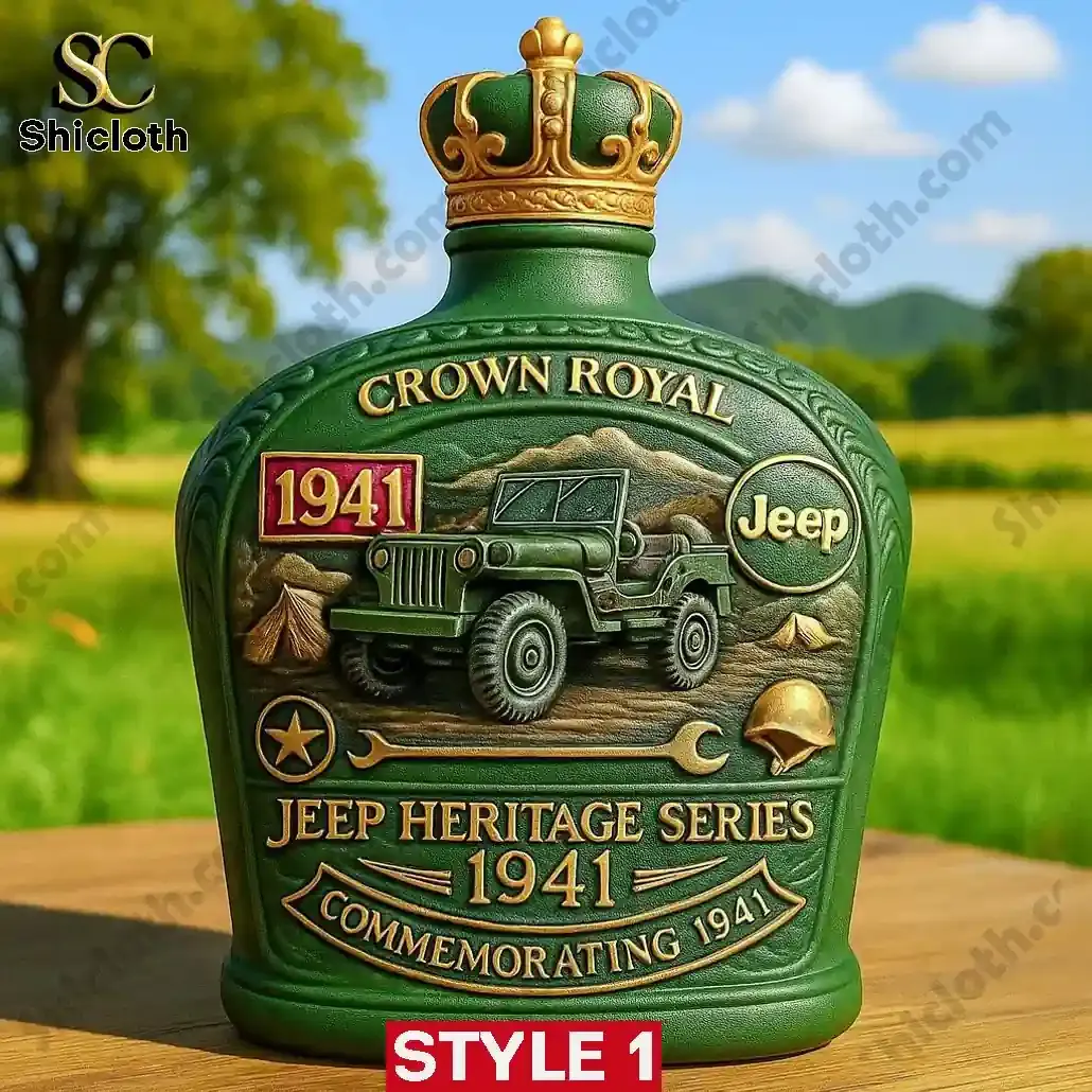 Green Crown Royal style bottle featuring Jeep Heritage 1941 design.