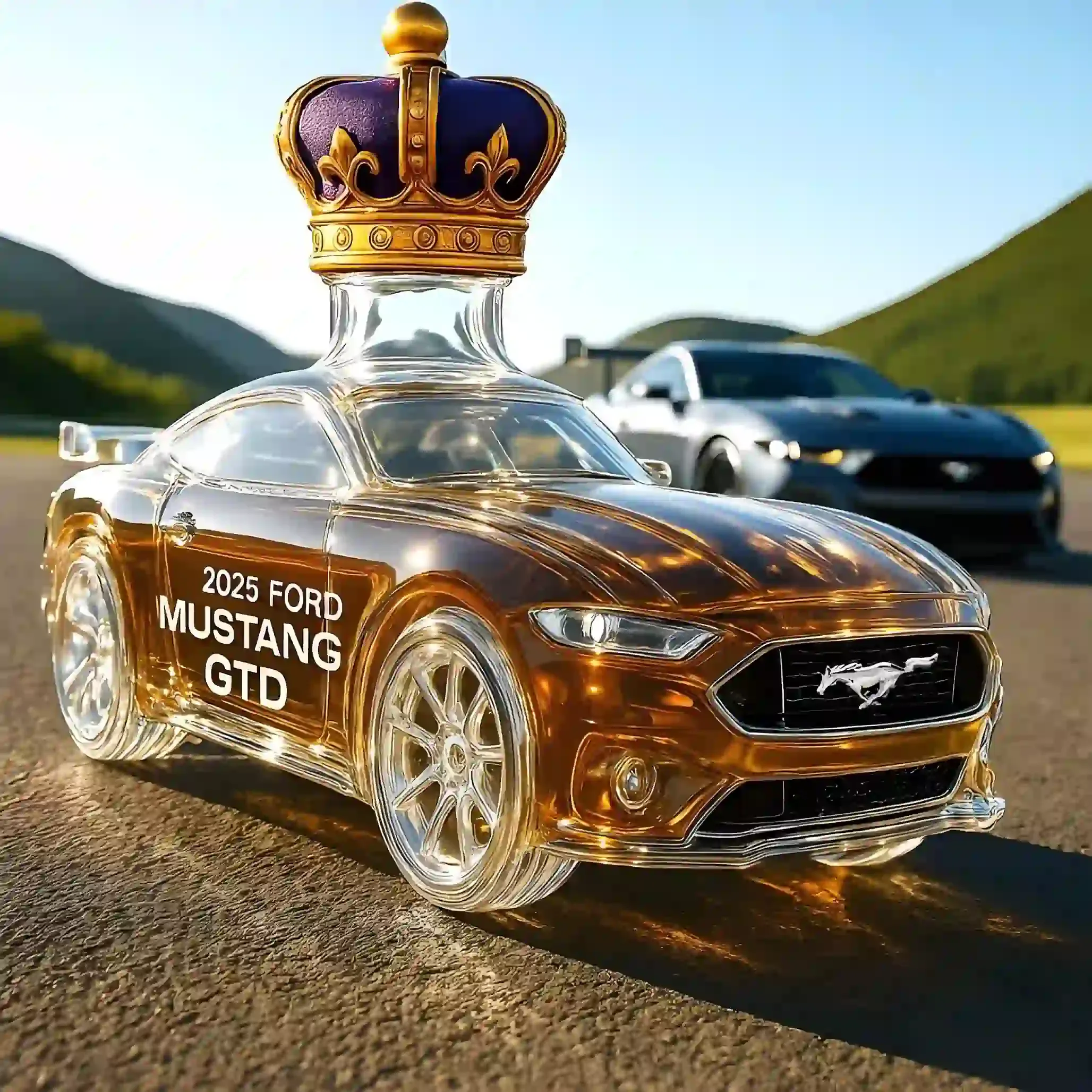 Car shaped Mustang GTD bottle on a racetrack with real cars in the background!