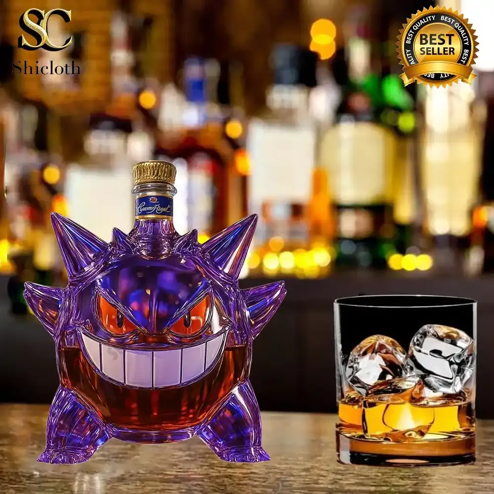Purple Gengar shape whiskey bottle placed on a bar counter beside a glass of whiskey.
