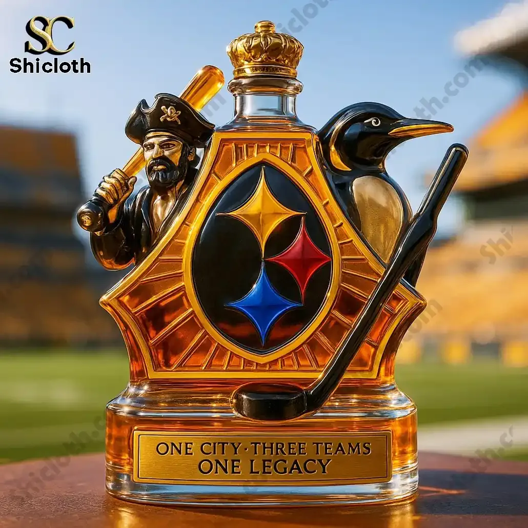 Pittsburgh Sports One City Three Team Christmas Whiskey Bottle 3 Artistic Pittsburgh sports legacy bottle with pirate and penguin figures displayed outdoors near a stadium!