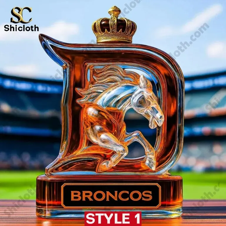 A Broncos themed whiskey bottle with a crown shaped cap and a sculpted horse design.