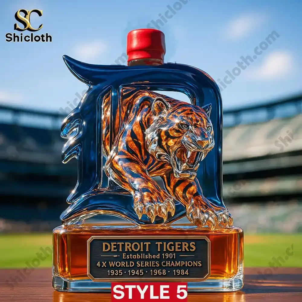 Detroit Tigers 4x World Series Christmas Whiskey Bottle 3 A Detroit Tigers themed Shicloth bottle with a red cap and tiger figure in front.