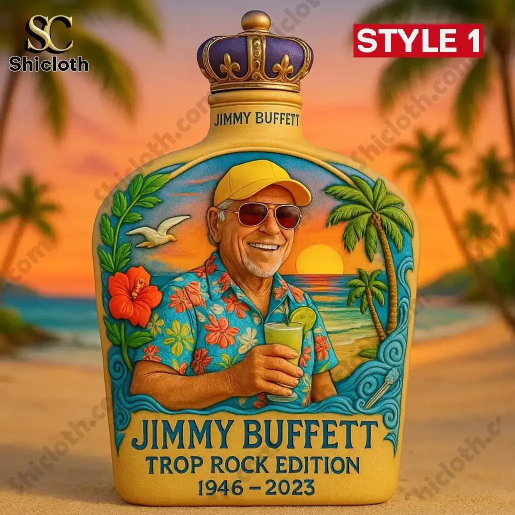 A decorated bottle featuring a tropical beach illustration in bright sunset colors.