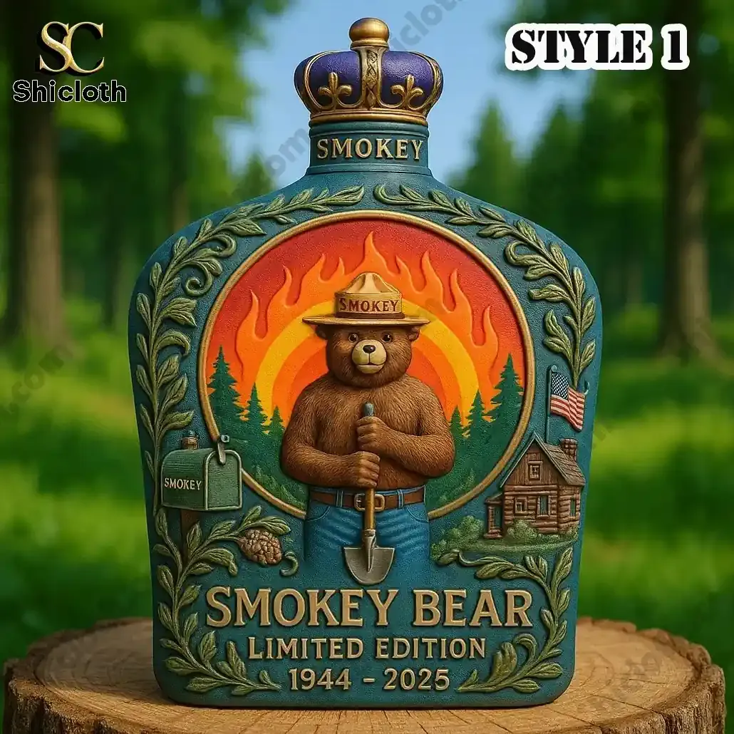 Smokey Bear bottle with forest and fire themed artwork in a detailed sculpted style!