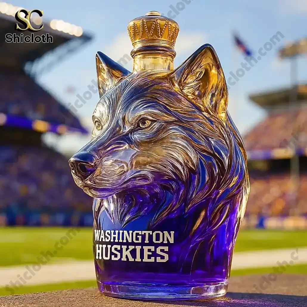 Husky shaped bottle with gold crown cap featuring Washington Huskies branding by Shicloth.