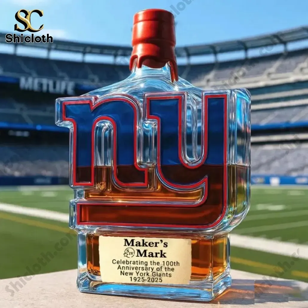 BEST New York Giants 100th Anniversary Edition Christmas Whiskey Bottle 3 Maker s Mark bottle shaped like the New York Giants logo on a football field