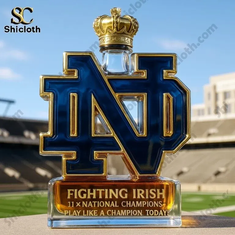 Notre Dame Fighting Irish Limited Edition Christmas Whiskey Bottle 5 A Notre Dame logo shaped bottle with a crown style cap on a stadium backdrop!