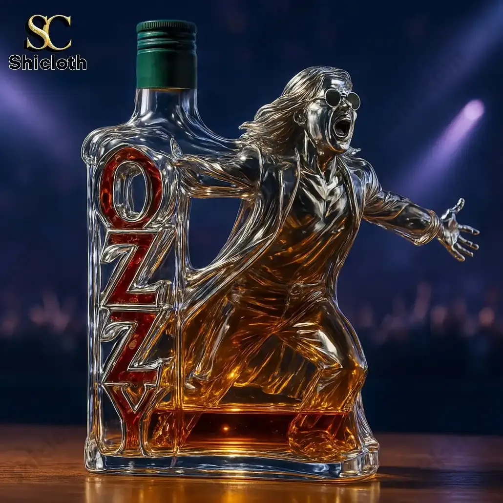 Ozzy Osbourne Final Tour Memorial Christmas Whiskey Bottle 4 Glass bottle shaped like a rock singer figure with bold lettering on the side