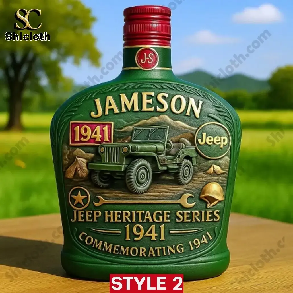 1941 off-road Vehicle Legend Edition Christmas Whiskey Bottle 3 Green Jameson style bottle showcasing Jeep Heritage 1941 design.