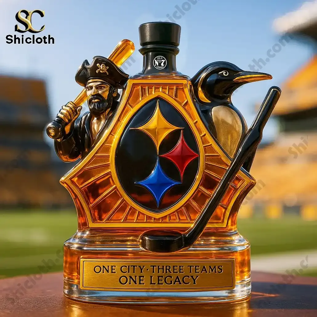Pittsburgh Sports One City Three Team Christmas Whiskey Bottle 4 Pittsburgh themed legacy bottle with black cap pirate figure and penguin figure displayed outdoors!