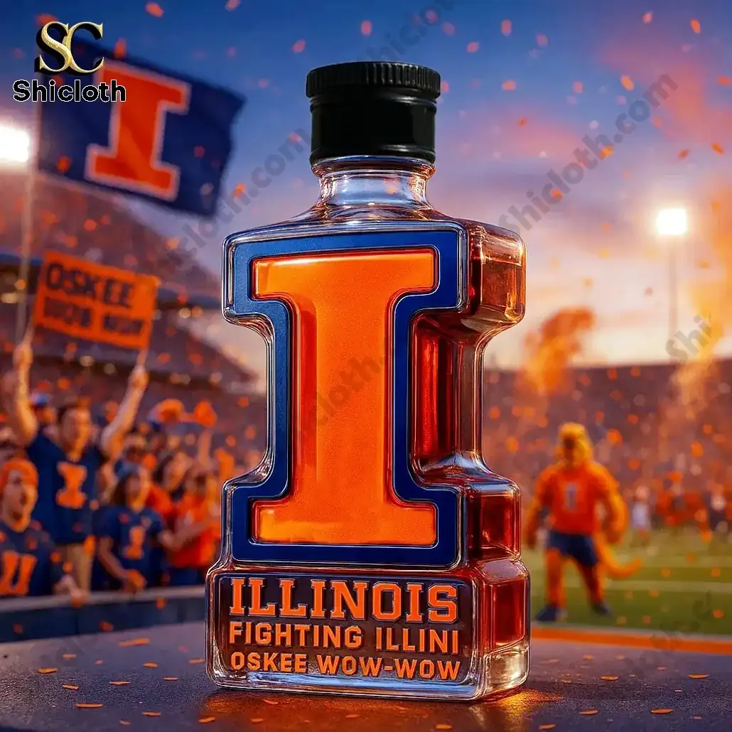 Illinois Fighting Illini Edition Christmas Whiskey Bottle 3 Illinois themed bottle with black cap shaped like orange I from Shicloth