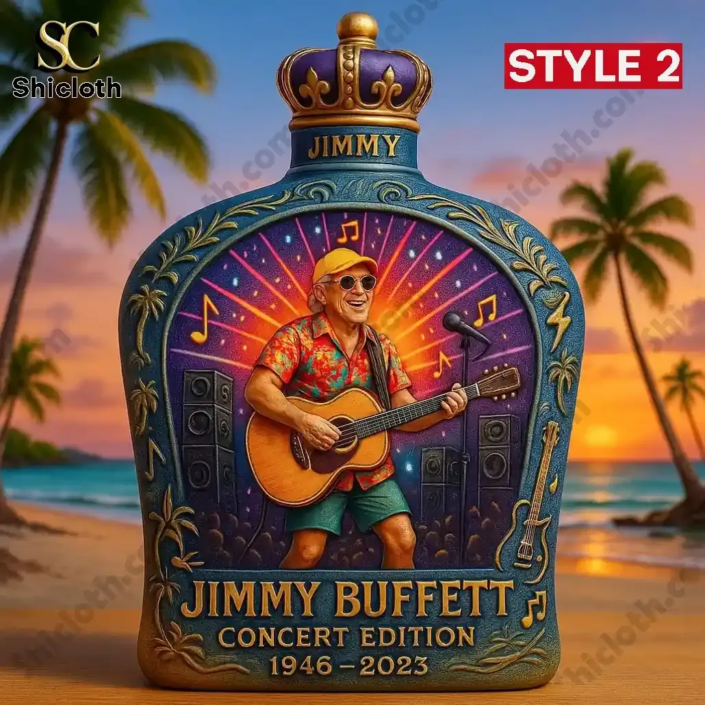 Jimmy Buffet Tropical Christmas Whiskey Bottle 3 A decorated bottle featuring a concert themed tropical illustration on a beach backdrop.