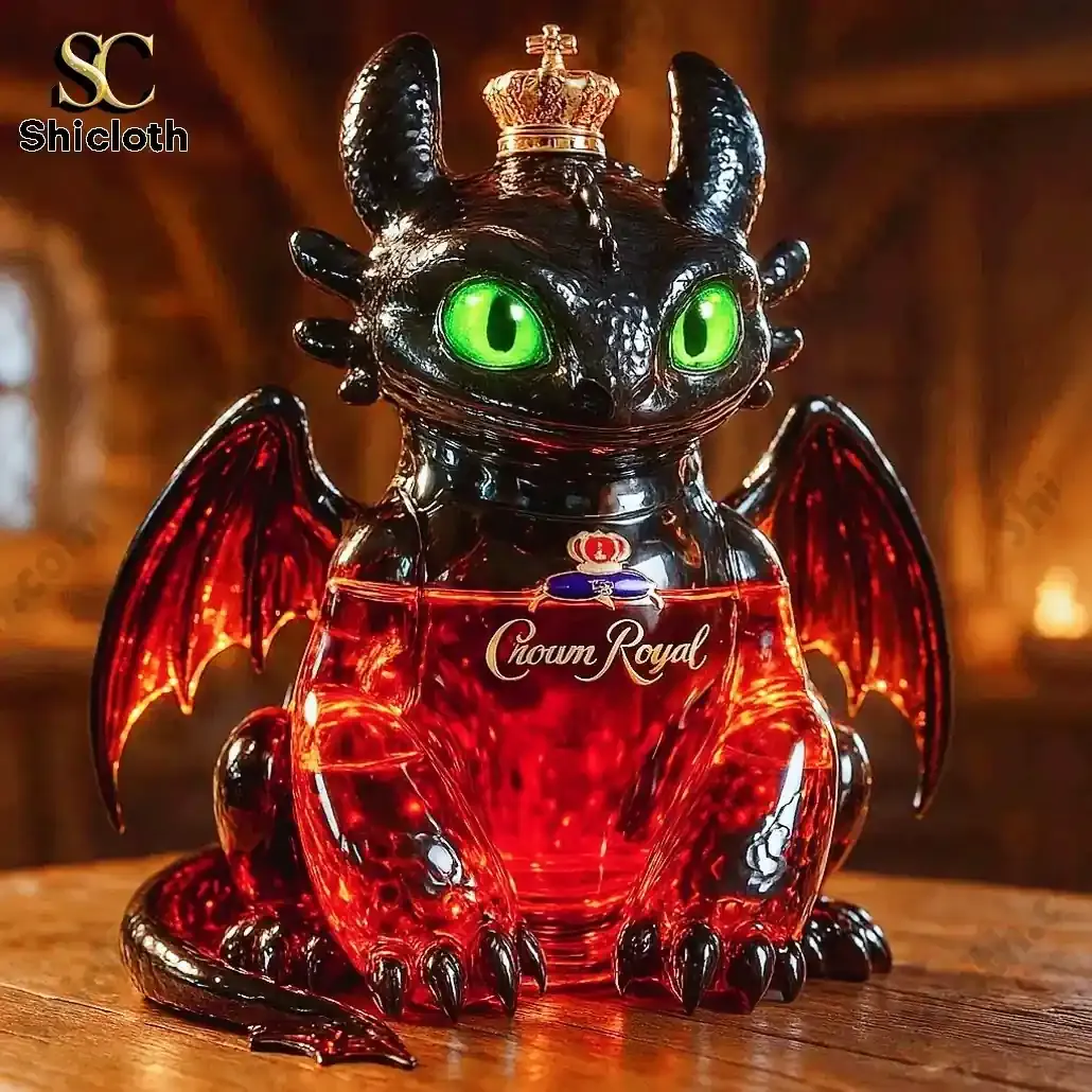 Toothless How to Train Your Dragon Crown Royal Christmas Whiskey Bottle 4 Black dragon bottle with crown topper and green eyes labeled Crown Royal!