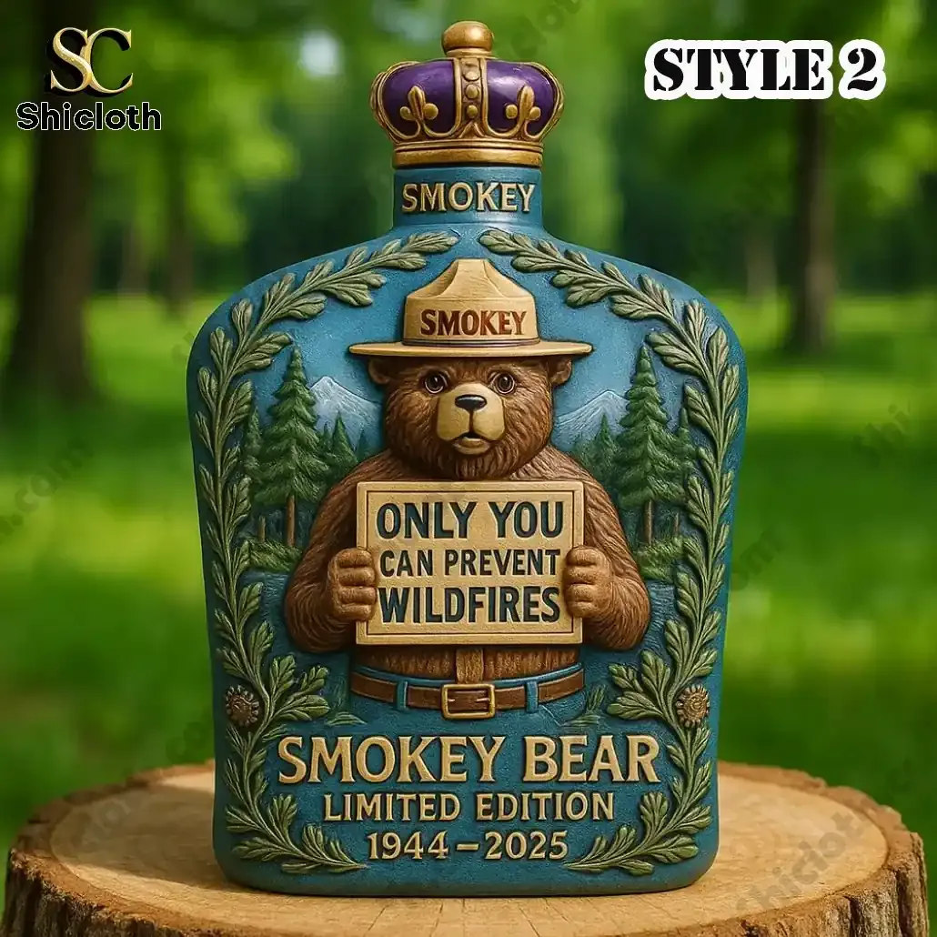 Smokey Bear Christmas Whiskey Bottle 3 Smokey Bear bottle holding a wildfire prevention sign with forest background artwork!